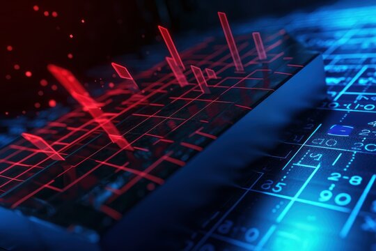 3d model of financial graph with red backlight on blue background, stock market financing chart, economic boom and bust, investment bankruptcy and inflation, global rising and falling economy.