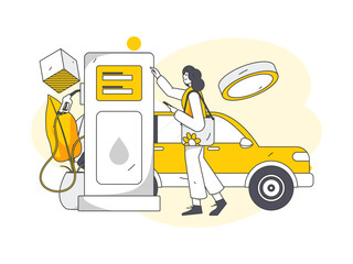 Vector internet operation hand-drawn illustration of people getting discounts for car refueling
