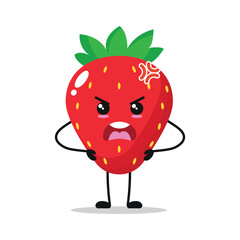 Cute angry strawberry character. Funny mad strawberry cartoon emoticon in flat style. Fruit emoji vector illustration