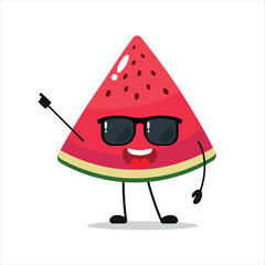 Cute happy slice watermelon character wear sunglasses. Funny slice watermelon greet friend cartoon emoticon in flat style. Fruit emoji vector illustration