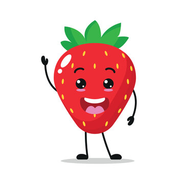 Cute happy strawberry character. Funny strawberry cartoon emoticon in flat style. Fruit emoji vector illustration
