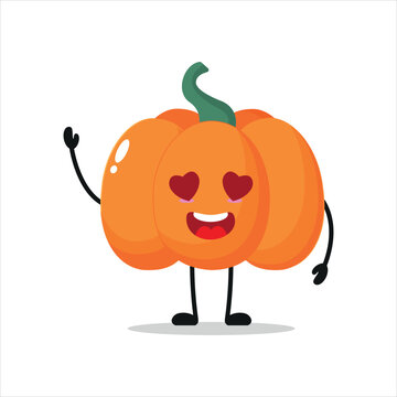 Cute happy pumpkin character. Funny fall in love pumpkin cartoon emoticon in flat style. vegetable emoji vector illustration