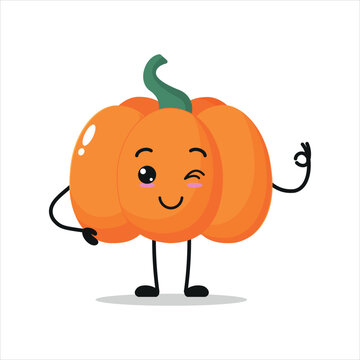 Cute happy pumpkin character. Funny smiling and blink pumpkin cartoon emoticon in flat style. vegetable emoji vector illustration