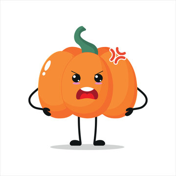 Cute angry pumpkin character. Funny mad pumpkin cartoon emoticon in flat style. vegetable emoji vector illustration
