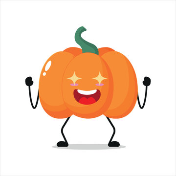 Cute excited pumpkin character. Funny electrifying pumpkin cartoon emoticon in flat style. vegetable emoji vector illustration