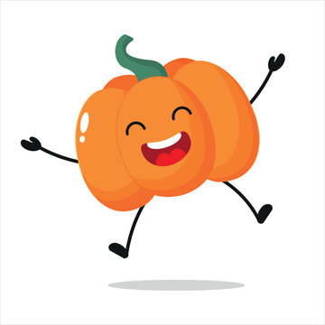 Cute happy pumpkin character. Funny jump pumpkin cartoon emoticon in flat style. vegetable emoji vector illustration