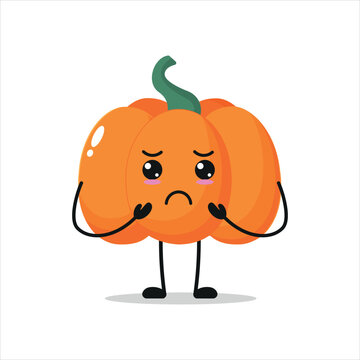 Cute gloomy pumpkin character. Funny sad pumpkin cartoon emoticon in flat style. vegetable emoji vector illustration