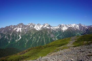 北アルプス　蝶ヶ岳から望む初夏の槍ヶ岳と穂高連峰
