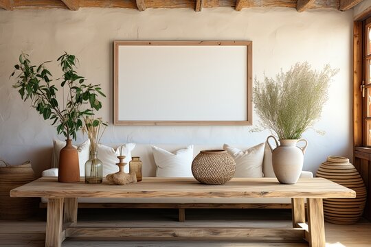 Mockup of an empty horizontal rectangle frame hanging over a wooden table - created using generative Ai tools