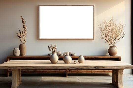 Mockup of an empty horizontal rectangle frame hanging over a wooden table - created using generative Ai tools