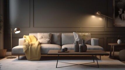 Interior of modern cozy living room. Gray wall, stylish sofa with pillows and plaid, coffee table, floor lamps, poster on the wall, carpet on the floor, modern home decor. Mockup, 3D rendering.