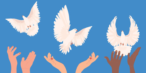Hands with dove of peace in flat style. Vector. A white bird flies out of the hands into the blue sky. The concept of hope, a sign of freedom and independence, a manifestation of the holy spirit.