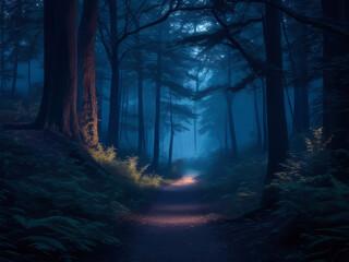 a path through a dark forest with a light at the end.