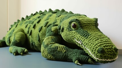 Fototapeta premium Green Crochet Alligator Crocheted or Knitted Giant Life-Size Animal, Photorealistic AI-Generated Crocodile Illustration