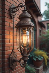 Retro style street lamp on the wall of the house, illustration