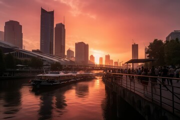 panoramic sunset skyline with city and river view