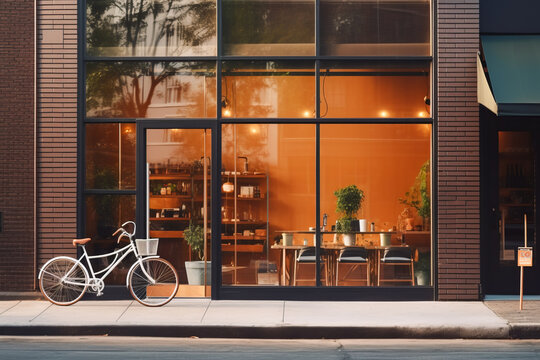 Modern glass building facade featuring a large window, as viewed from the street. Specialty coffee shop cafe.. A bicycle parked in front. Eco-friendly urban transportation. 