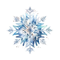 Blue snowflake on white background in watercolor style. Generative AI.