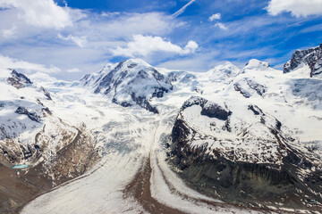 Magnificent panorama of the Pennine Alps with famous Gorner Glacier and impressive snow capped mountains Monte Rosa Massif close to Zermatt, Switzerland