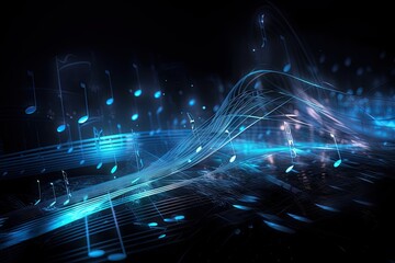 Abstract Music Background with Glowing Lights and Musical Symbols. Generative AI illustrations