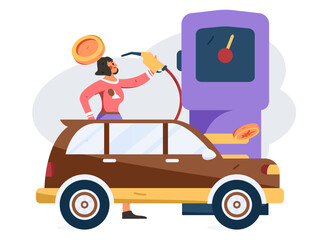 Vector internet operation hand-drawn illustration of people getting discounts for car refueling

