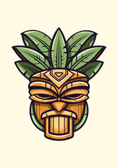 Wooden tiki mask tribal logo, hand drawn with intricate details. A captivating blend of culture, art, and identity for your brand