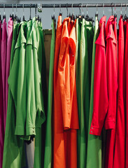 Choice of multi-colored t-shirts on hangers in a retail shop. Reduce Reuse Recycle concept. Horizontal photo