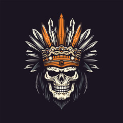 A fierce skull warrior depicted in a hand-drawn logo design illustration. Conveys strength, bravery, and a warrior spirit