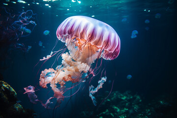 photo of 1 jellyfish swimming underwater shot - obrazy, fototapety, plakaty