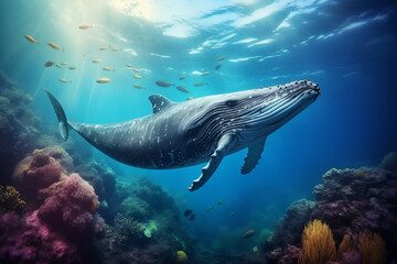 photo of a beautiful blue whale behind is colorful coral t - obrazy, fototapety, plakaty