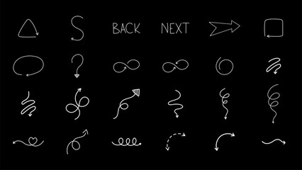 Simple hand drawn vector arrows doodle shapes set. Elements for decoration and design.