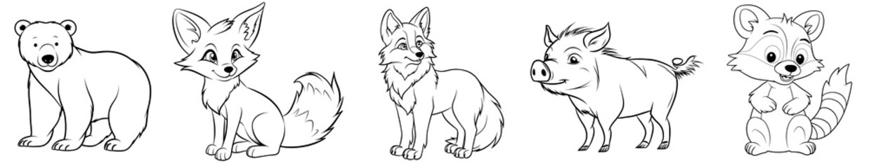 Obraz premium Forest animals - cute Bear, Fox, Wolf, Boar and Racoon, simple thick lines kids or children cartoon coloring book pages. Clean drawing can be vectorized to illustration easily. Generative AI