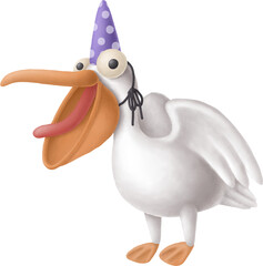 Cartoon pelican character in birthday cap isolated on white