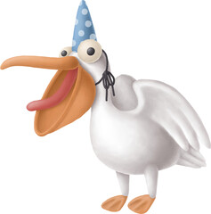 Cartoon pelican character in birthday cap isolated on white