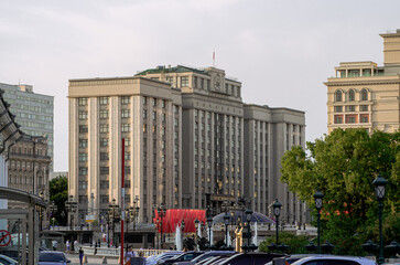 Okhotny Ryad Street in Moscow, view of the State Duma building and the Manege