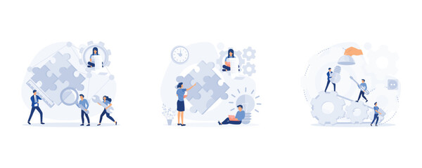 Team or colleagues work together on creative project, teamwork office computer icon, brainstorming and teamwork concept, set flat modern vector illustration