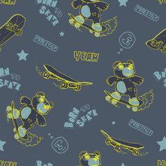 Abstract seamless pattern with bear on skateboard, graffiti text Activity, fast, yeah, freestyle. Lettering repeat print for sport textile, boy clothes, wrapping paper. Cover teenager print © Kseniia Koval