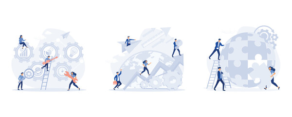 Man and woman business organization with circle gear, People challenge teamwork up, Coworking and problem solving concept, set flat modern vector illustration