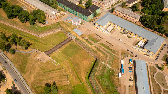 Aerial photo from drone to Daugavpils fortress and Daugavpils Mark Rothko Art Centre on a beautiful sunny summer day. Daugavpils, Latvia, Latgale, Europe