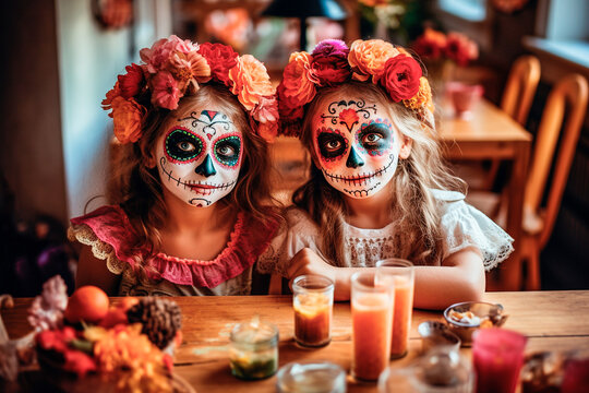 Two little girls made up like the day of the dead at home on Halloween night