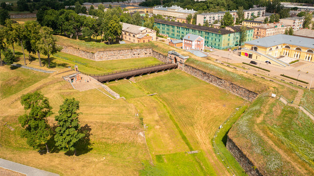 Aerial photo from drone to Daugavpils fortress and Daugavpils Mark Rothko Art Centre on a beautiful sunny summer day. Daugavpils, Latvia, Latgale, Europe