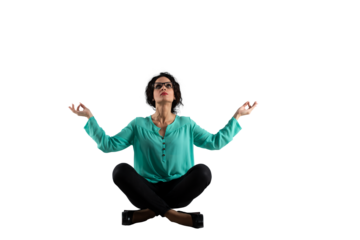 businesswoman does yoga exercise to relax herself
