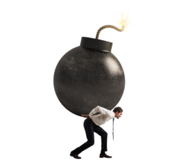 Isolated  businessman hold a big bomb. Concept of difficult career and failure