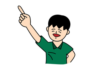 右手の人差し指で上方を指さす緑色の半袖服を着た笑顔の少年のイラスト