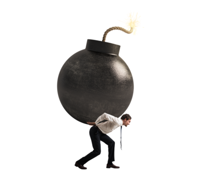 Isolated  businessman hold a big bomb. Concept of difficult career and failure