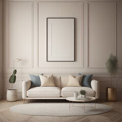 Fototapeta na wymiar Frame mockup in contemporary minimalist beige room interior, 3d render