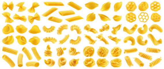 set of uncooked Italian Pasta, isolated on white background, full depth of field