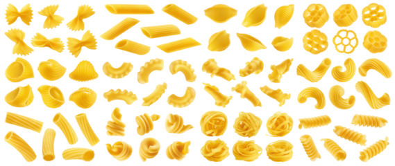 set of uncooked Italian Pasta, isolated on white background, full depth of field