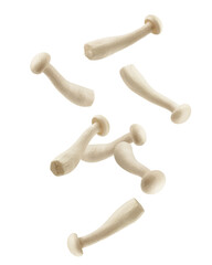 Falling Shimeji mushroom, white beech mushrooms, isolated on white background, full depth of field