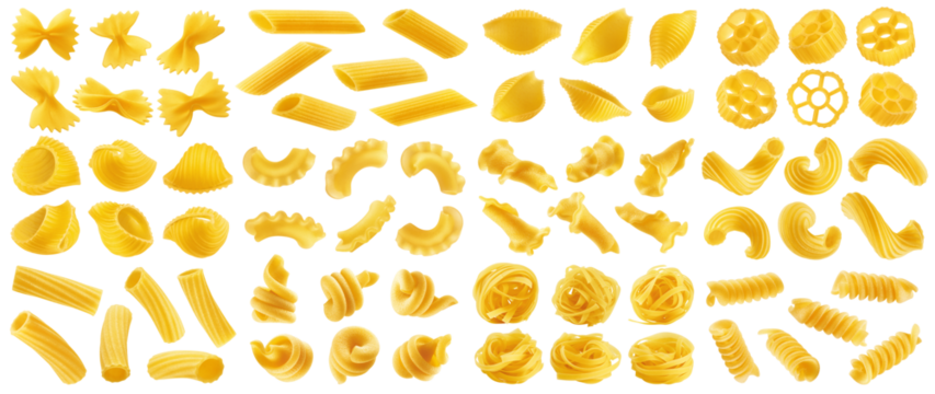 set of uncooked Italian Pasta, isolated on white background, full depth of field